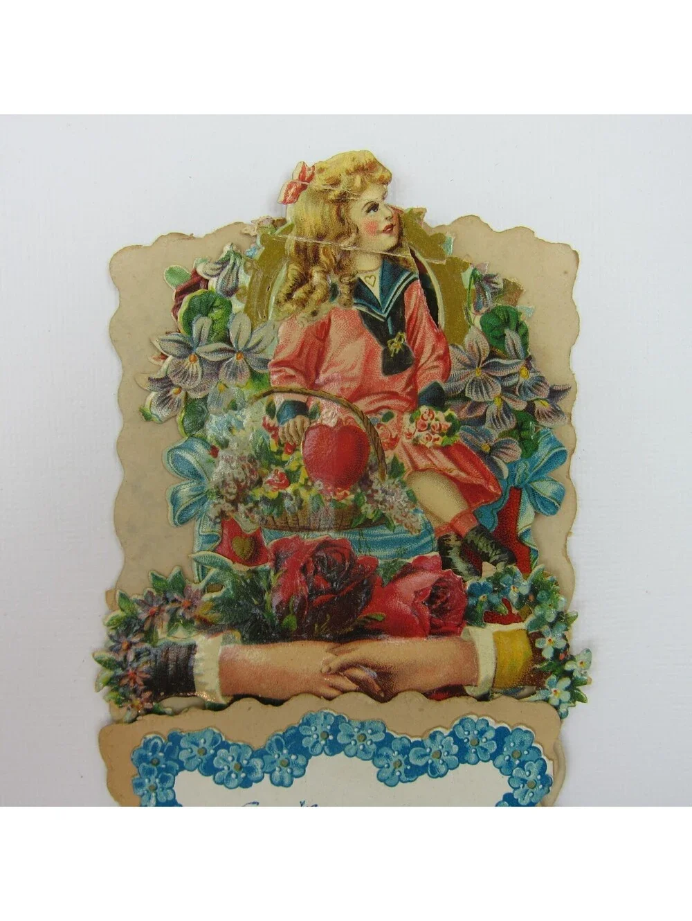 Vintage Valentine Pull Down Die Cut Stand Up Victorian Girl Flower Basket Roses